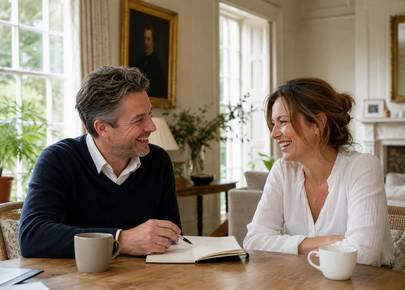 Two people talking across a wooden table with a notebook and mugs of tea