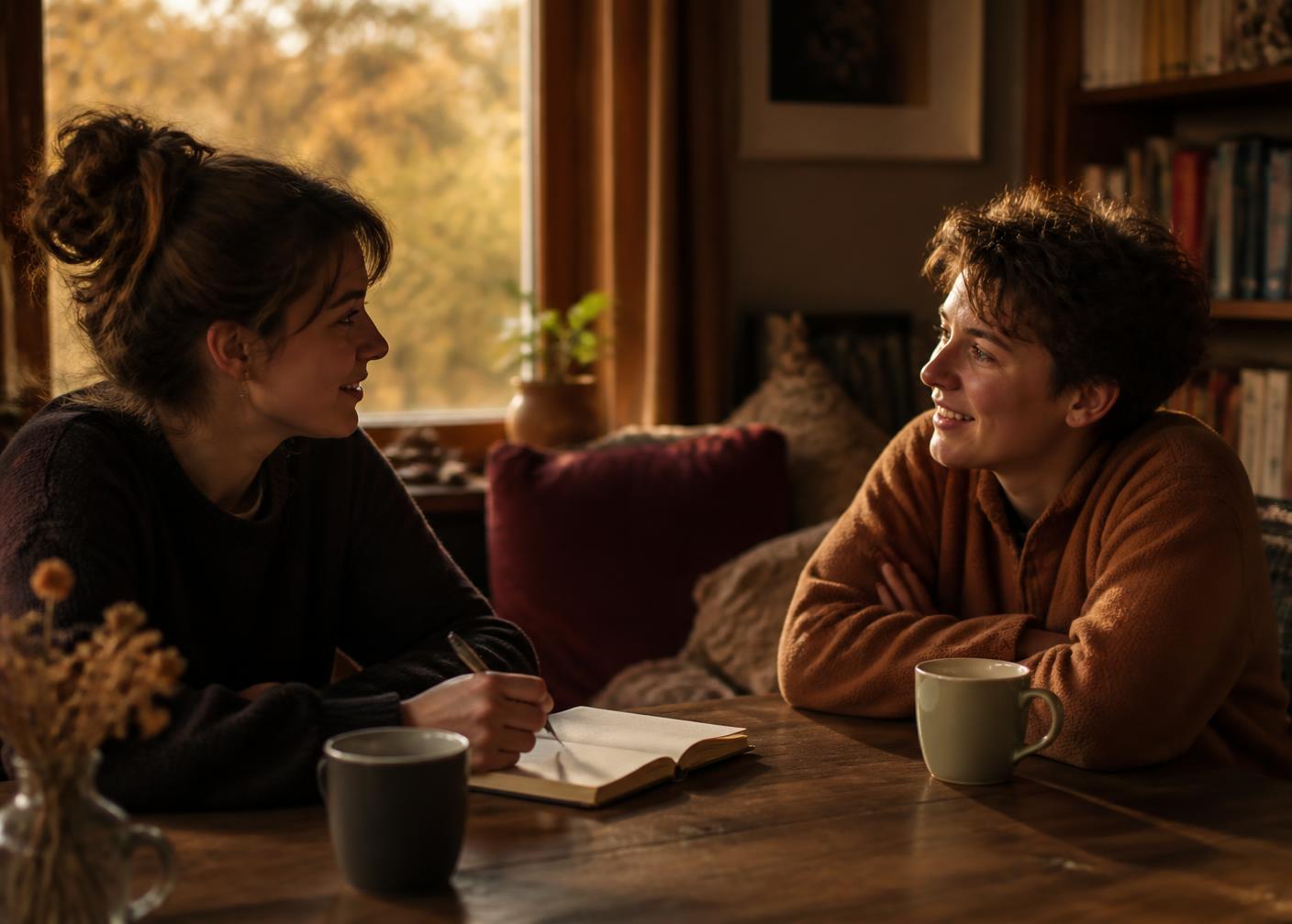 Two people talking across a wooden table with a notebook and mugs of tea
