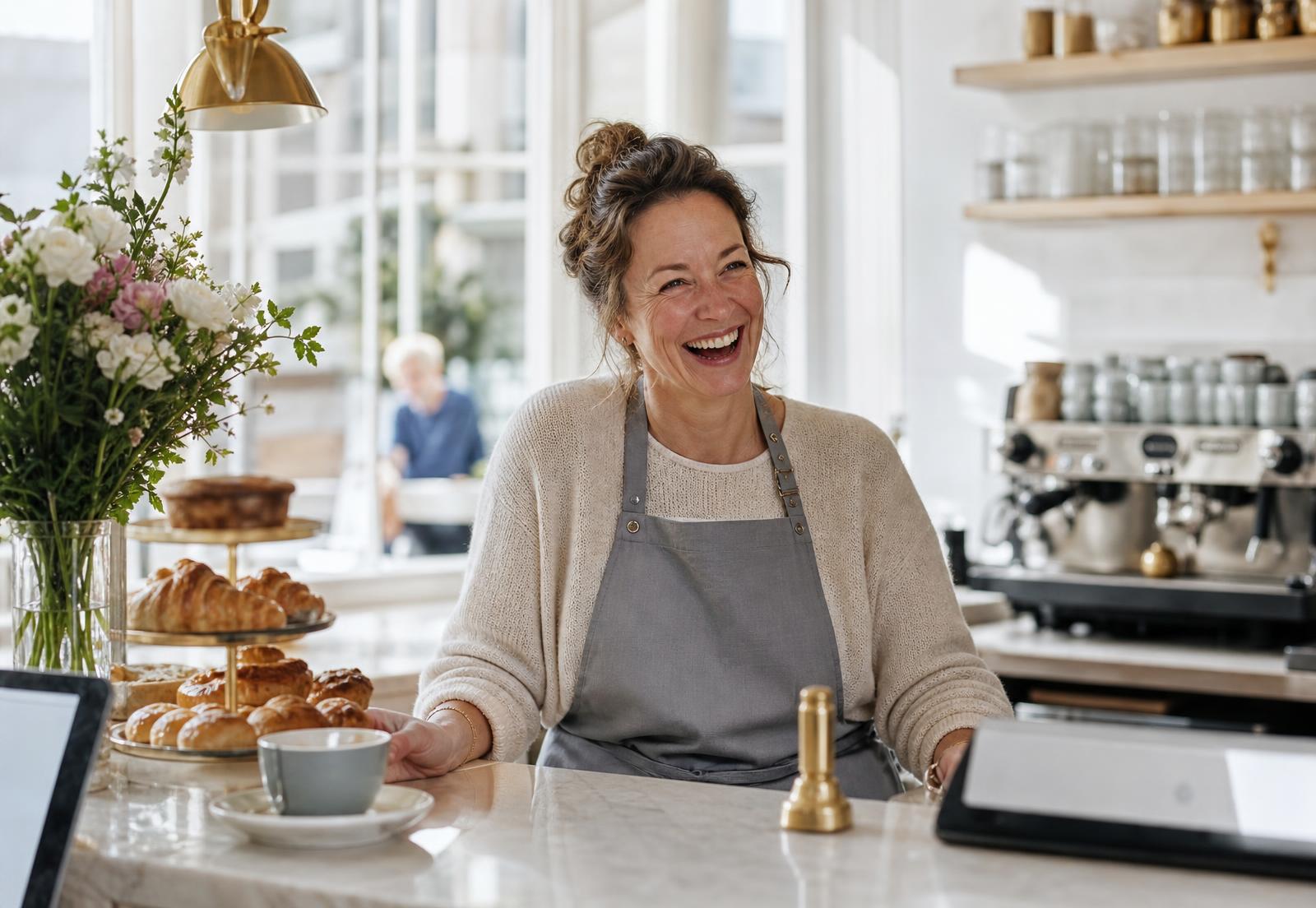 An independent café owner behind her counter with a simple booking screen open on a tablet