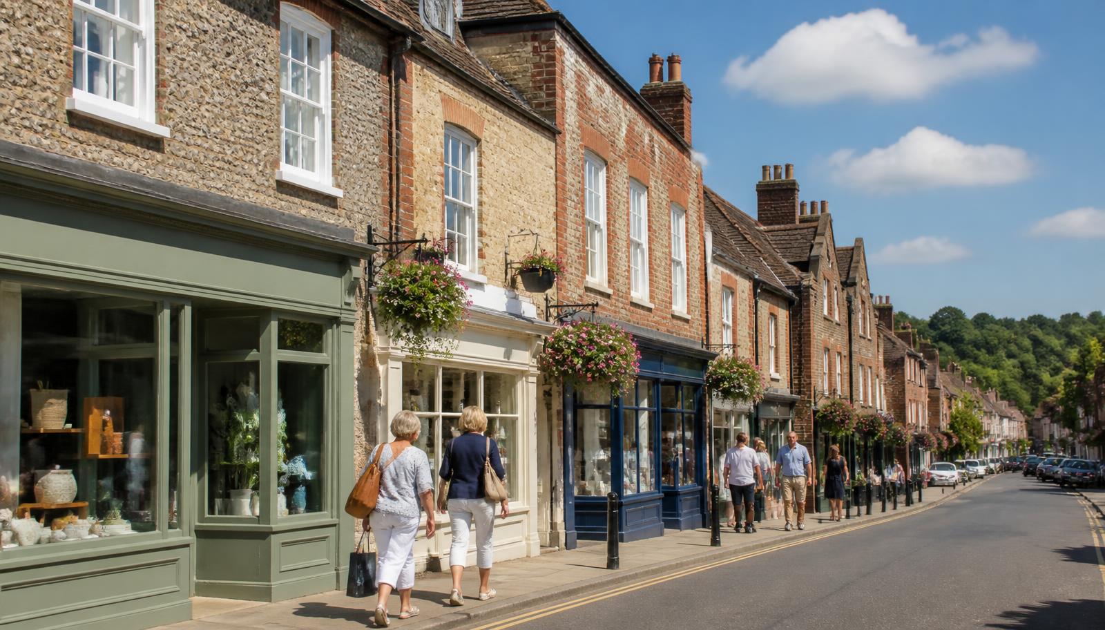 A row of independent shops on a British high street in autumn