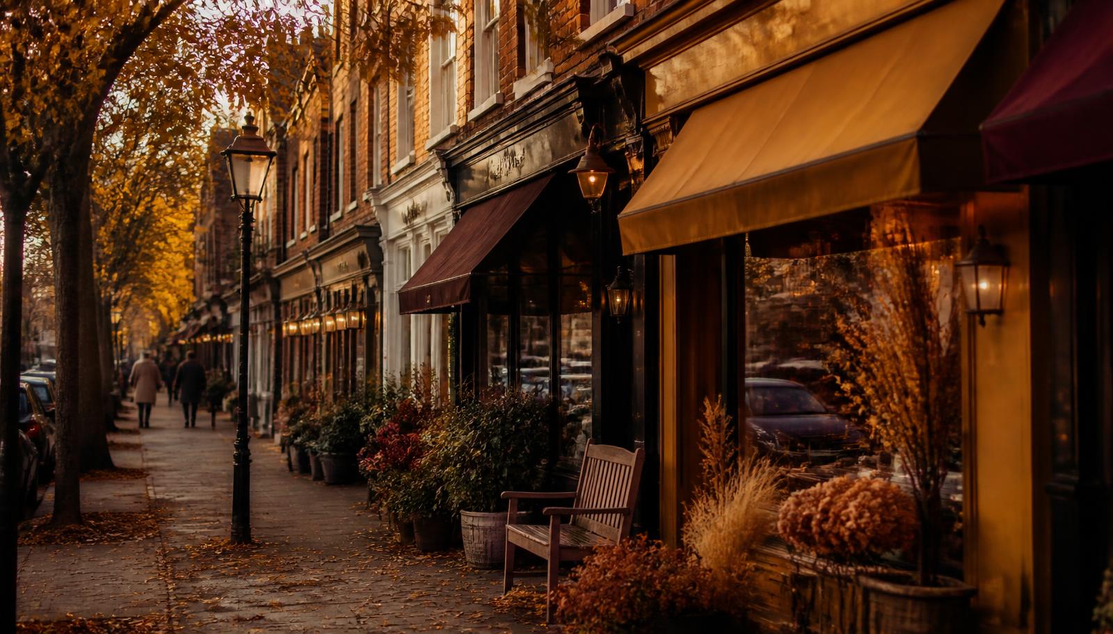 A row of independent shops on a British high street in autumn